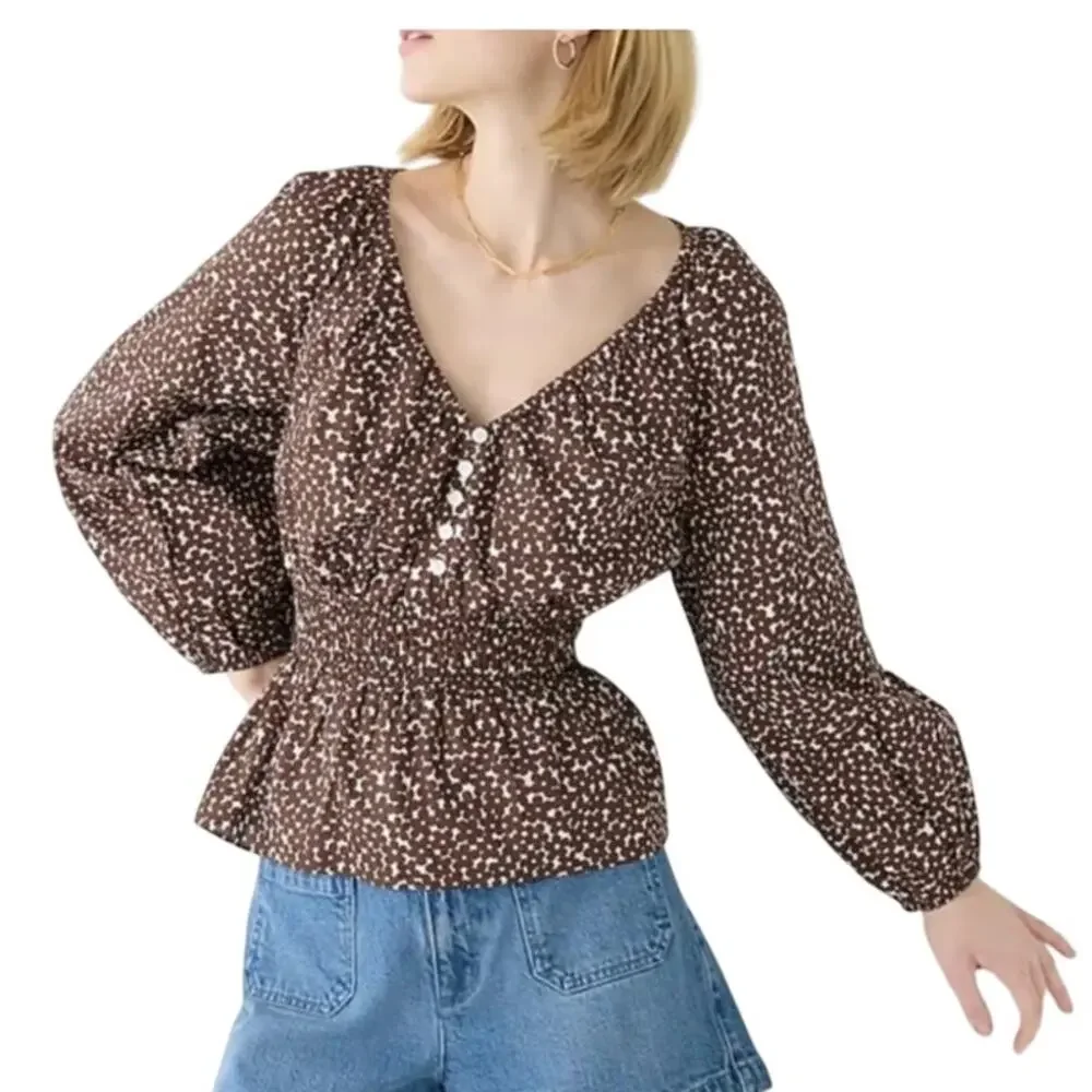 J. Crew V-Neck Smocked Waist Top L Brown Mocha Floral Boho
